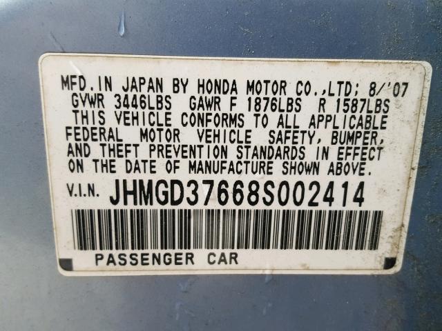 JHMGD37668S002414 - 2008 HONDA FIT SPORT BLUE photo 10