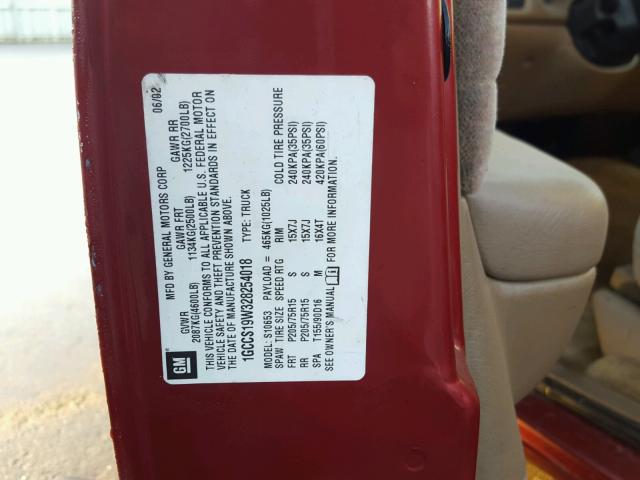 1GCCS19W328254018 - 2002 CHEVROLET S TRUCK S1 RED photo 10