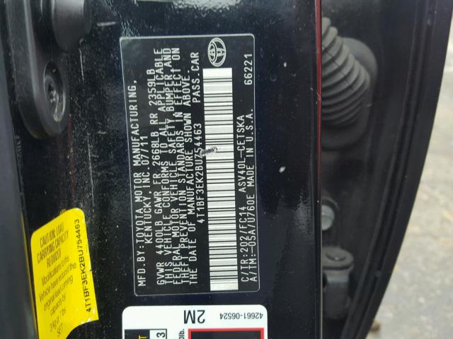 4T1BF3EK2BU754463 - 2011 TOYOTA CAMRY BASE BLACK photo 10