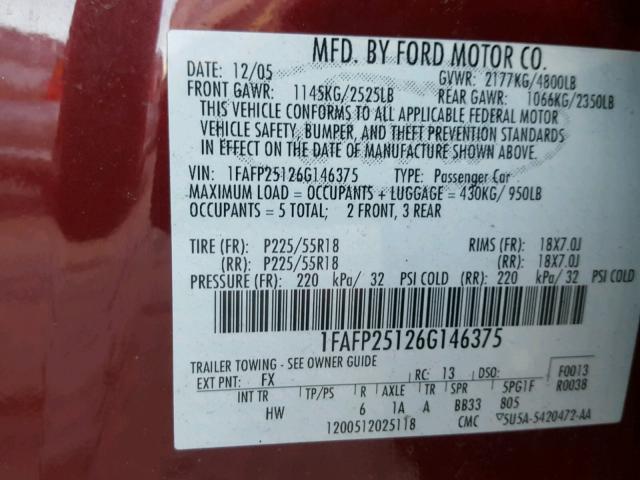 1FAFP25126G146375 - 2006 FORD FIVE HUNDR MAROON photo 10