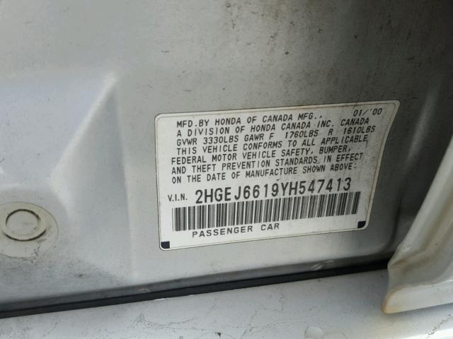 2HGEJ6619YH547413 - 2000 HONDA CIVIC BASE SILVER photo 10