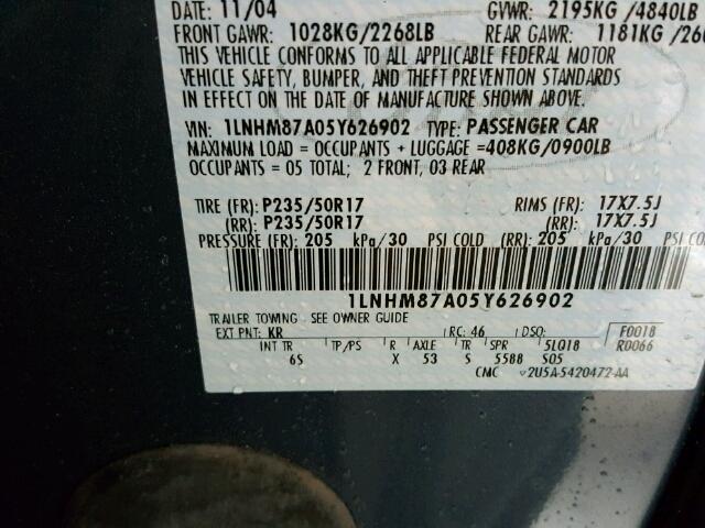 1LNHM87A05Y626902 - 2005 LINCOLN LS 蓝色 照片 10