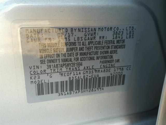 3N1AB7AP5HY281994 - 2017 NISSAN SENTRA S SILVER photo 10