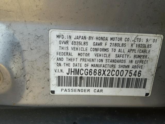 JHMCG668X2C007546 - 2002 HONDA ACCORD EX SILVER photo 10