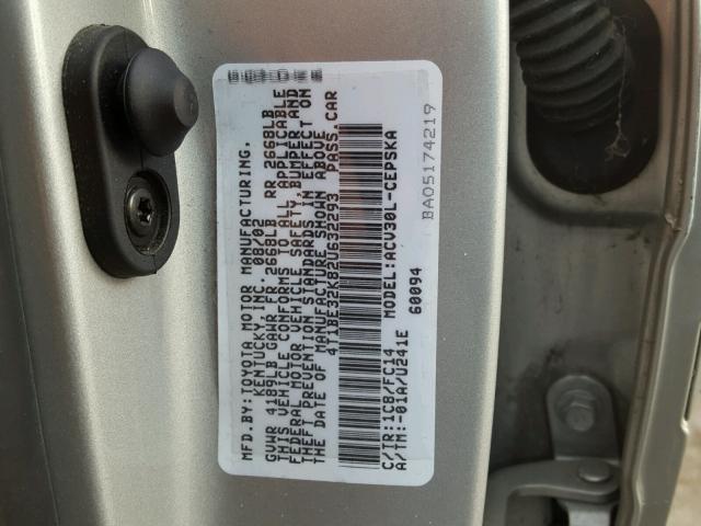 4T1BE32K82U632293 - 2002 TOYOTA CAMRY LE ვერცხლისფერი ფოტო 10
