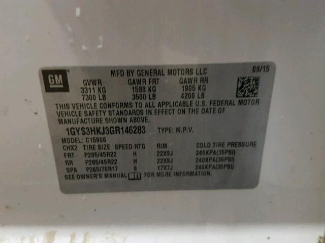 1GYS3HKJ3GR146283 - 2016 CADILLAC ESCALADE E WHITE photo 10