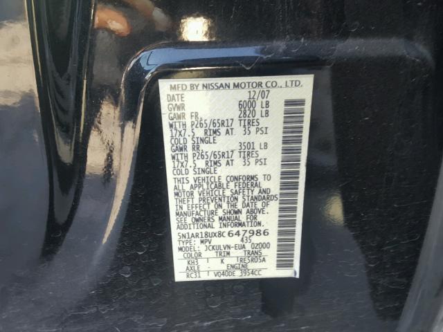 5N1AR18UX8C647986 - 2008 NISSAN PATHFINDER BLACK photo 10