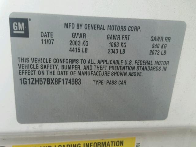 1G1ZH57BX8F174583 - 2008 CHEVROLET MALIBU 1LT 白色 照片 10