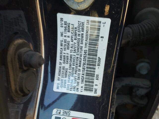 1HGFA15879L026345 - 2009 HONDA CIVIC EX BLUE photo 10