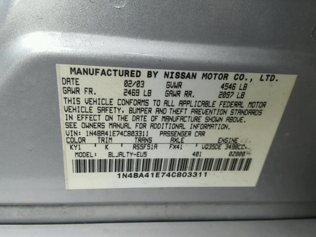 1N4BA41E74C803311 - 2004 NISSAN MAXIMA SE SILVER photo 10