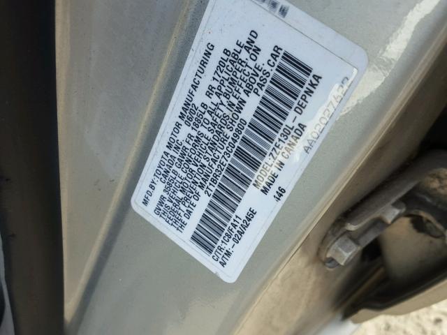 2T1BR32E73C049800 - 2003 TOYOTA COROLLA CE SILVER photo 10