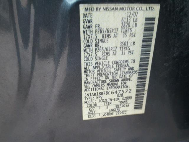 5N1AR18B78C647572 - 2008 NISSAN PATHFINDER GRAY photo 10