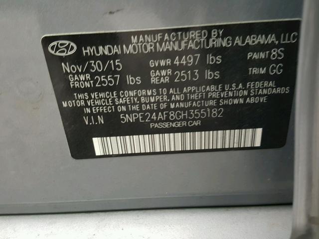 5NPE24AF8GH355182 - 2016 HYUNDAI SONATA SE GRAY photo 10