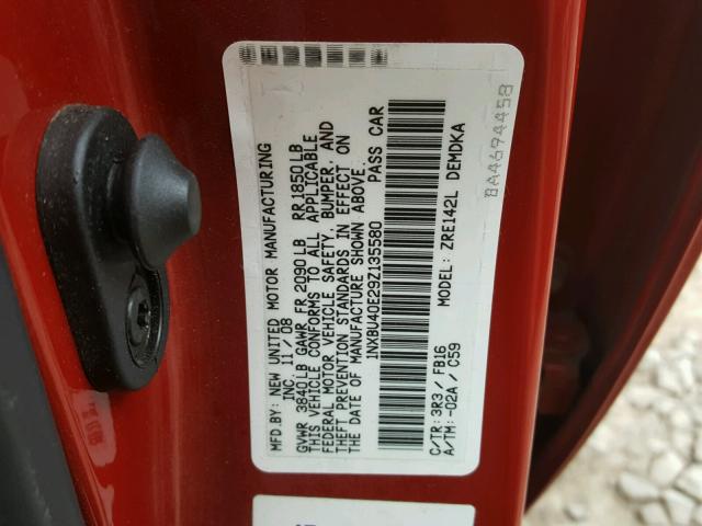 1NXBU40E29Z135580 - 2009 TOYOTA COROLLA BA RED photo 10