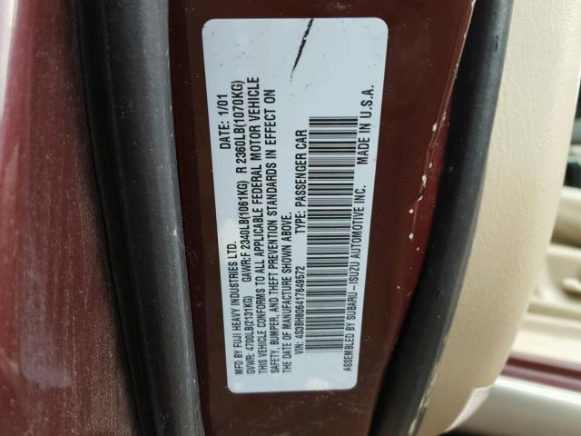 4S3BH806417649572 - 2001 SUBARU LEGACY OUT MAROON photo 10