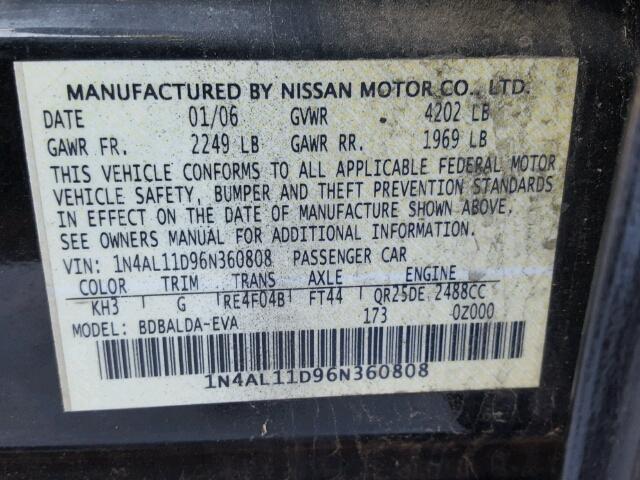 1N4AL11D96N360808 - 2006 NISSAN ALTIMA S BLACK photo 10