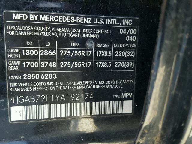 4JGAB72E1YA192174 - 2000 MERCEDES-BENZ ML 430 BLACK photo 10