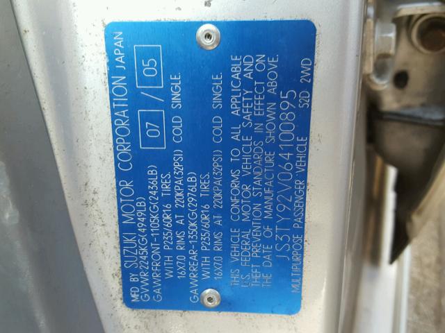 JS3TY92V064100895 - 2006 SUZUKI XL7 SILVER photo 10