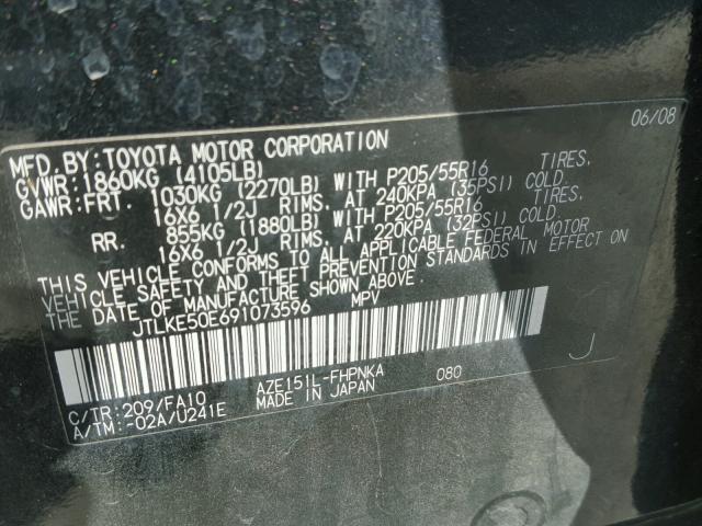 JTLKE50E691073596 - 2009 SCION XB BLACK photo 10