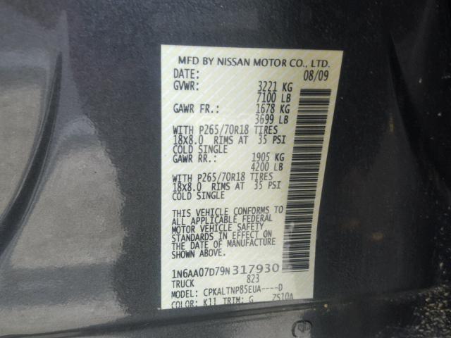 1N6AA07D79N317930 - 2009 NISSAN TITAN XE SILVER photo 10