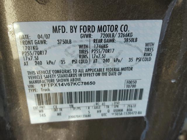 1FTPX14V67KC78650 - 2007 FORD F150 GRAY photo 10