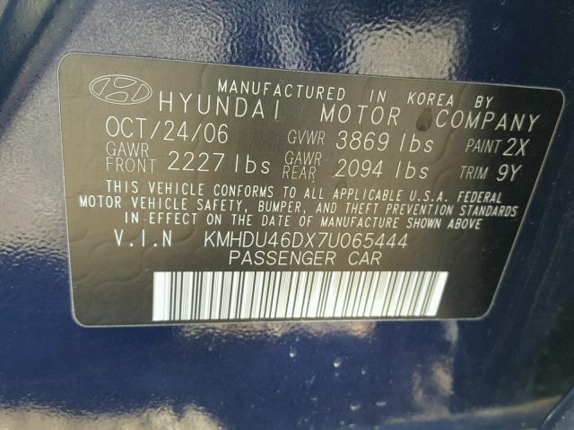 KMHDU46DX7U065444 - 2007 HYUNDAI ELANTRA GL BLUE photo 10