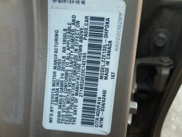 2T1KR32E23C143163 - 2003 TOYOTA COROLLA MA GOLD photo 10