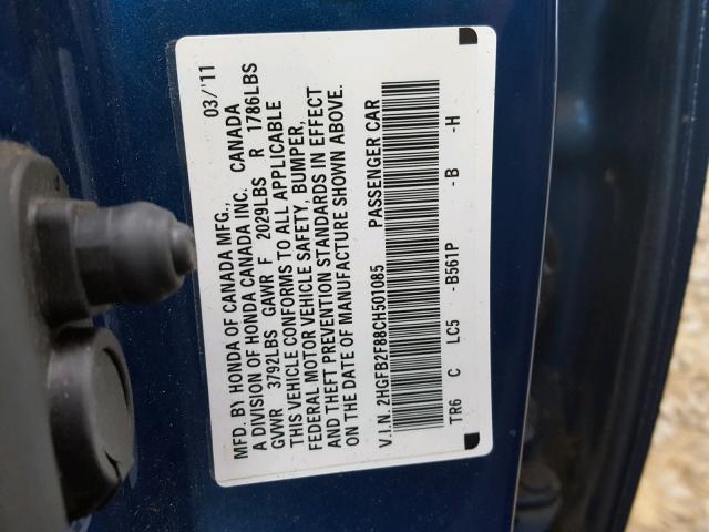 2HGFB2F88CH501085 - 2012 HONDA CIVIC EX BLUE photo 10