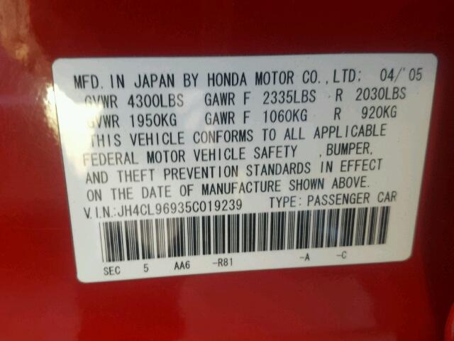 JH4CL96935C019239 - 2005 ACURA TSX RED photo 10