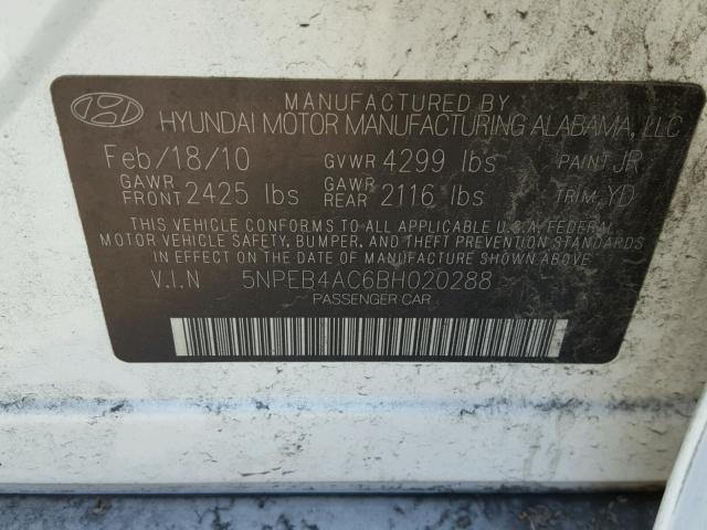 5NPEB4AC6BH020288 - 2011 HYUNDAI SONATA GLS WHITE photo 10