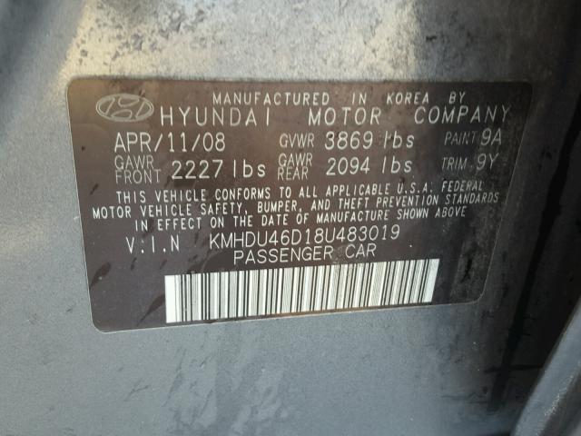 KMHDU46D18U483019 - 2008 HYUNDAI ELANTRA GL CHARCOAL photo 10