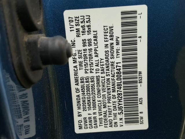 5J6YH28748L008471 - 2008 HONDA ELEMENT EX BLUE photo 10