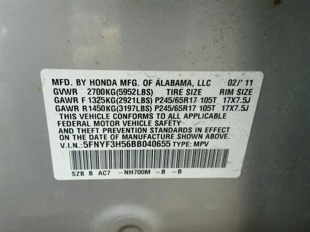 5FNYF3H56BB040655 - 2011 HONDA PILOT EXL SILVER photo 10