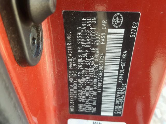 4T1BF3EK6BU651224 - 2011 TOYOTA CAMRY BASE RED photo 10