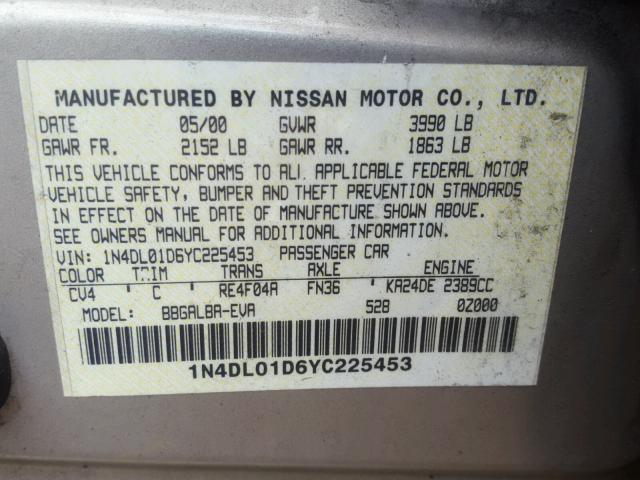 1N4DL01D6YC225453 - 2000 NISSAN ALTIMA XE TAN photo 10