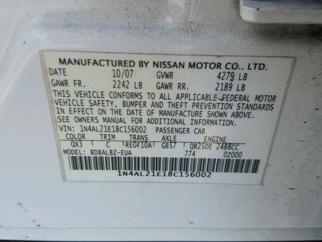 1N4AL21E18C156002 - 2008 NISSAN ALTIMA 2.5 WHITE photo 10