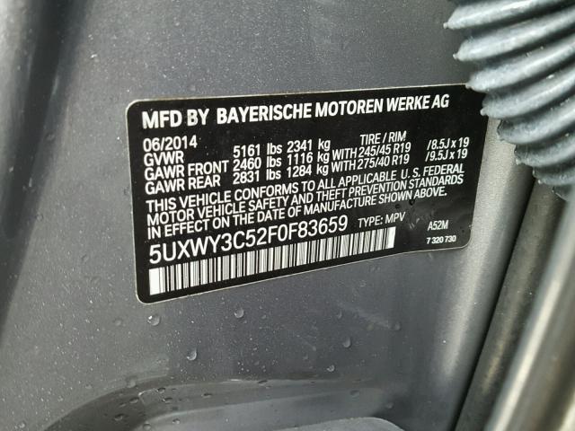 5UXWY3C52F0F83659 - 2015 BMW X3 XDRIVE2 GRAY photo 10