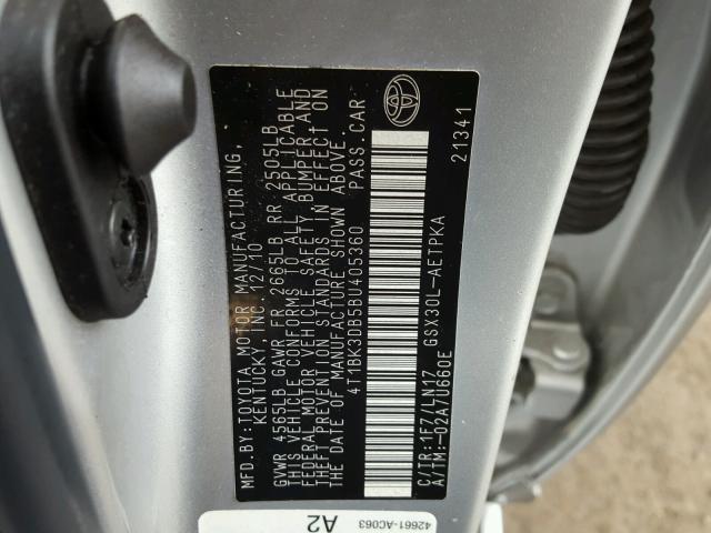 4T1BK3DB5BU405360 - 2011 TOYOTA AVALON BAS GRAY photo 10