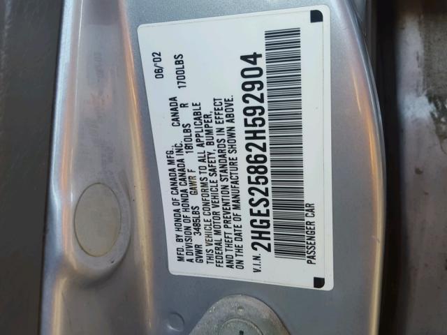2HGES25862H592904 - 2002 HONDA CIVIC EX SILVER photo 10