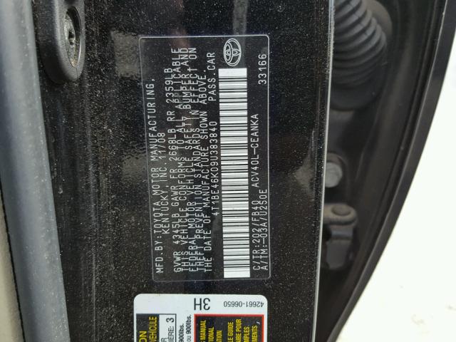 4T1BE46K09U383840 - 2009 TOYOTA CAMRY BASE BLACK photo 10