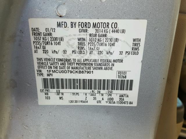 1FMCU0D79CKB87901 - 2012 FORD ESCAPE XLT GRAY photo 10