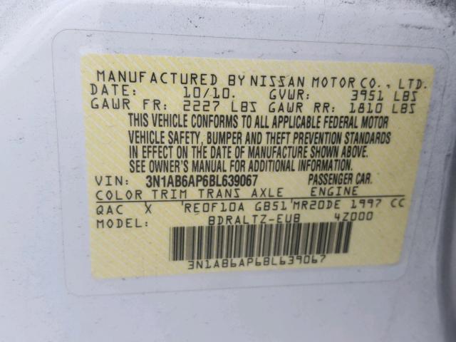 3N1AB6AP6BL639067 - 2011 NISSAN SENTRA 2.0 WHITE photo 10