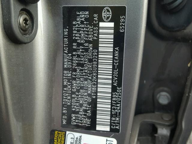 4T1BE32K85U983290 - 2005 TOYOTA CAMRY LE GRAY photo 10