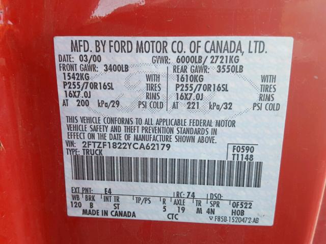 2FTZF1822YCA62179 - 2000 FORD F150 RED photo 10