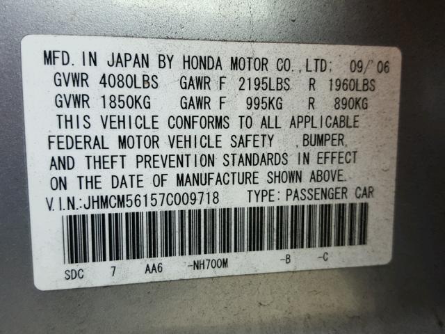 JHMCM56157C009718 - 2007 HONDA ACCORD VAL SILVER photo 10