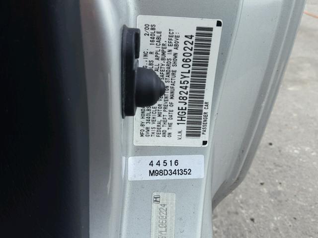 1HGEJ8245YL060224 - 2000 HONDA CIVIC EX 银色 照片 10