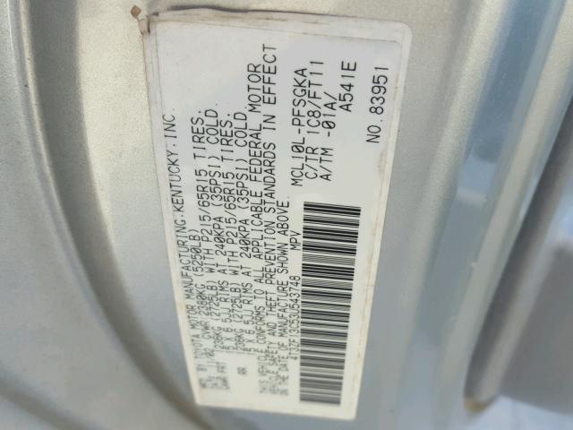 4T3ZF13C53U543748 - 2003 TOYOTA SIENNA LE SILVER photo 10