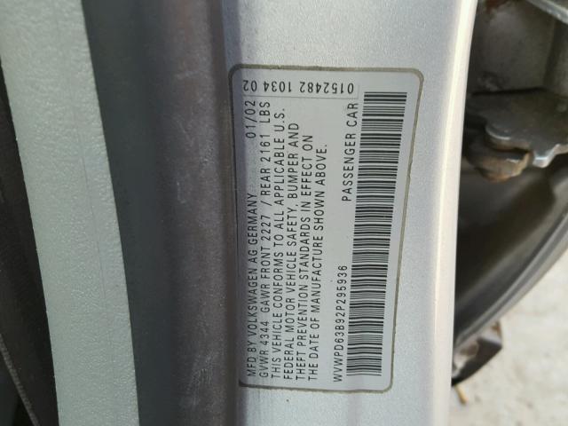 WVWPD63B92P295936 - 2002 VOLKSWAGEN PASSAT GLS SILVER photo 10