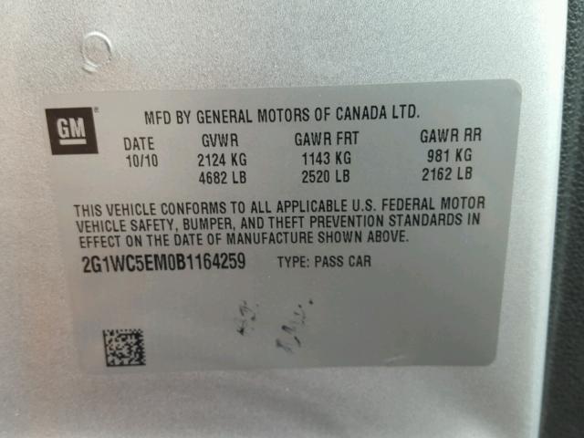 2G1WC5EM0B1164259 - 2011 CHEVROLET IMPALA LTZ SILVER photo 10