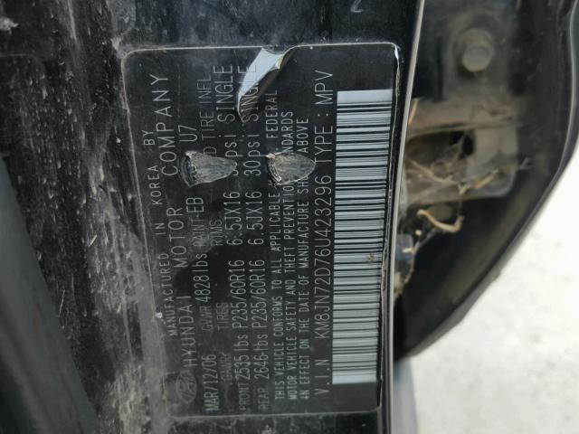 KM8JN72D76U423296 - 2006 HYUNDAI TUCSON GLS BLACK photo 10